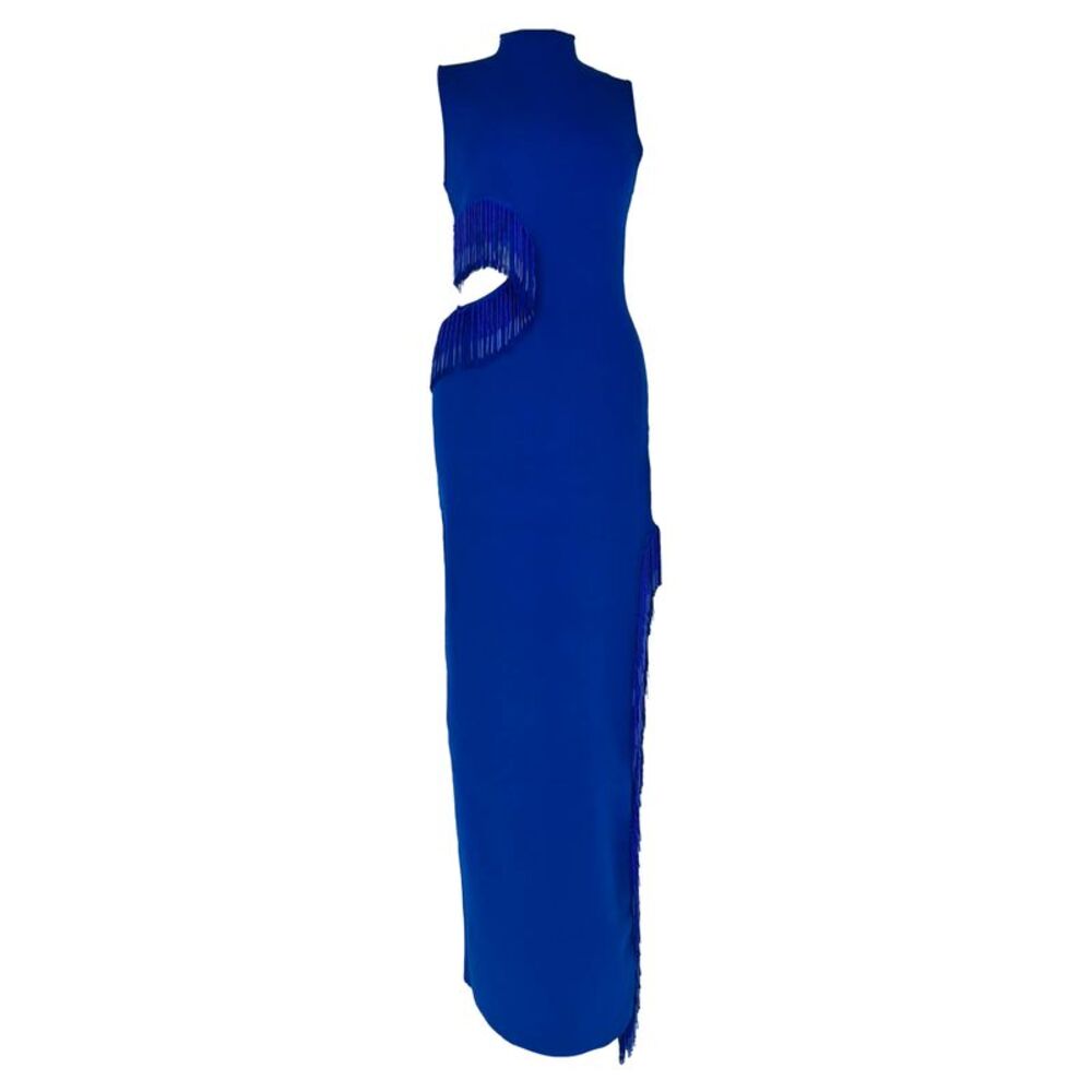 Galvan London Nova Beaded Fringed Cutout Maxi Dress in Blue Viscose